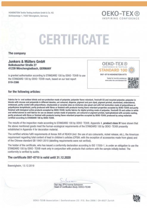 сертификат Junkers & Mullers GmbH OEKO-TEX 2020-1